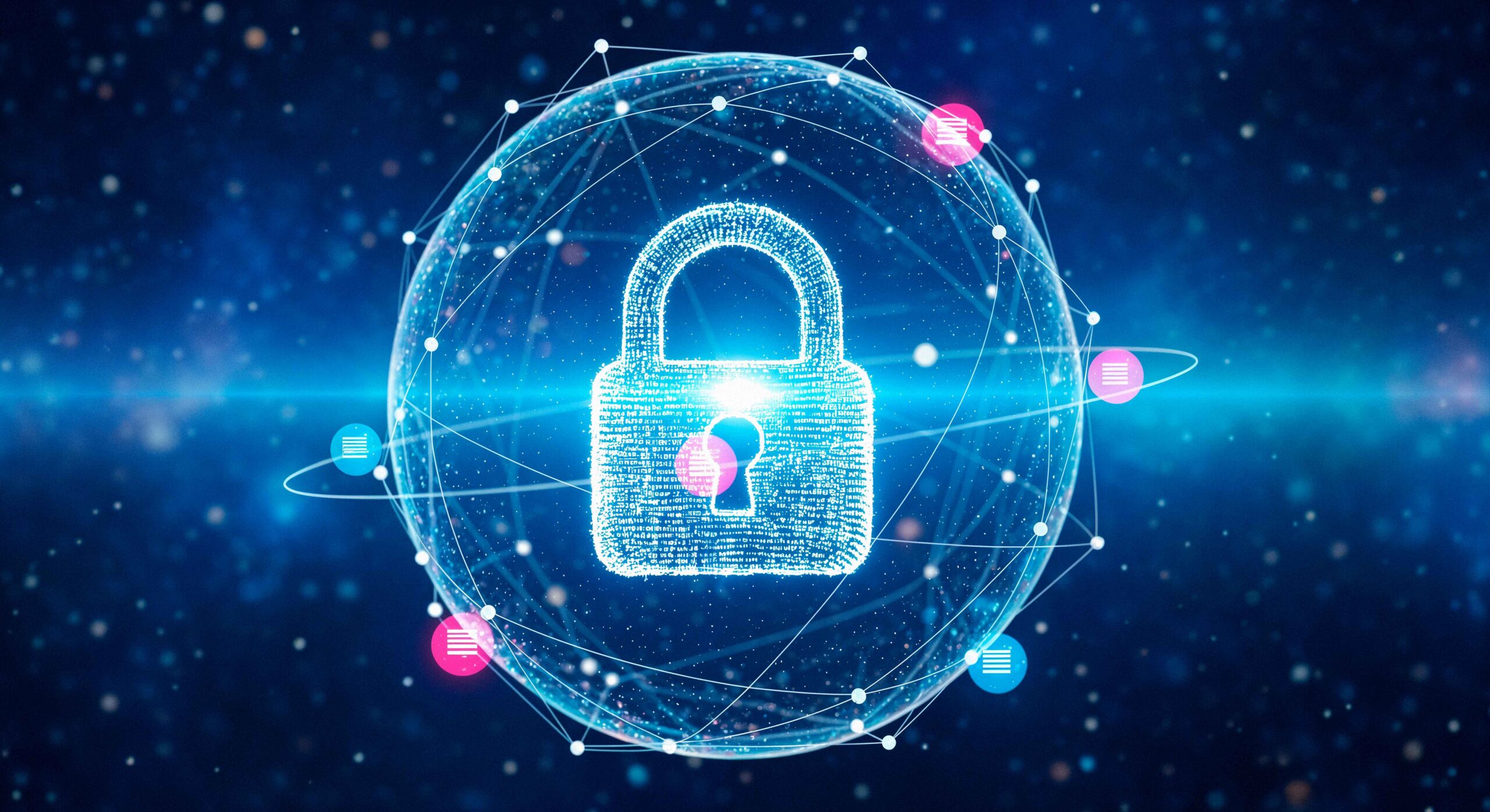 Security concept featuring a padlock surrounded by a network of interconnected dots representing data protection.