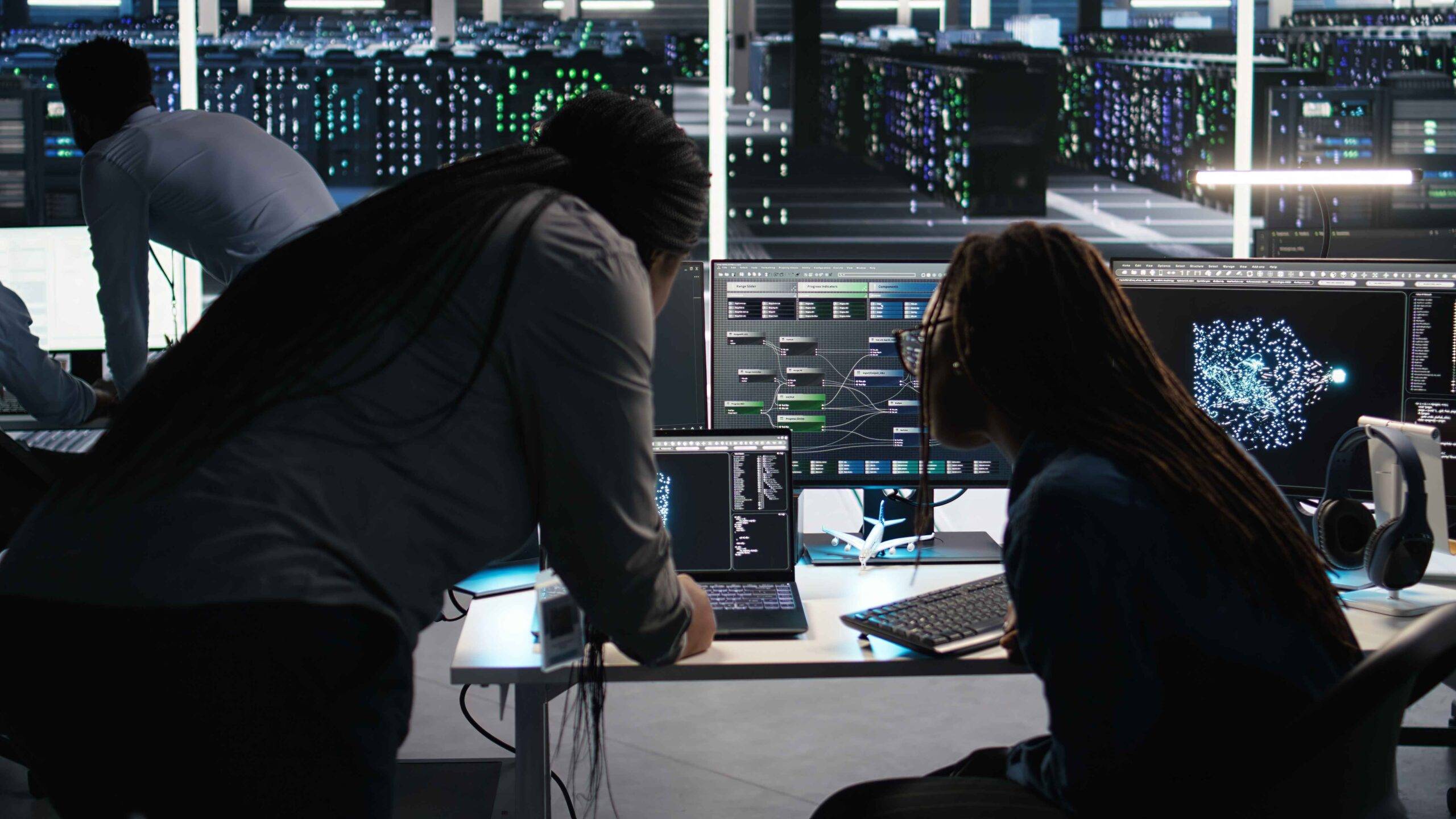 Two professionals working intently on computers in a data center, with rows of servers visible in the background