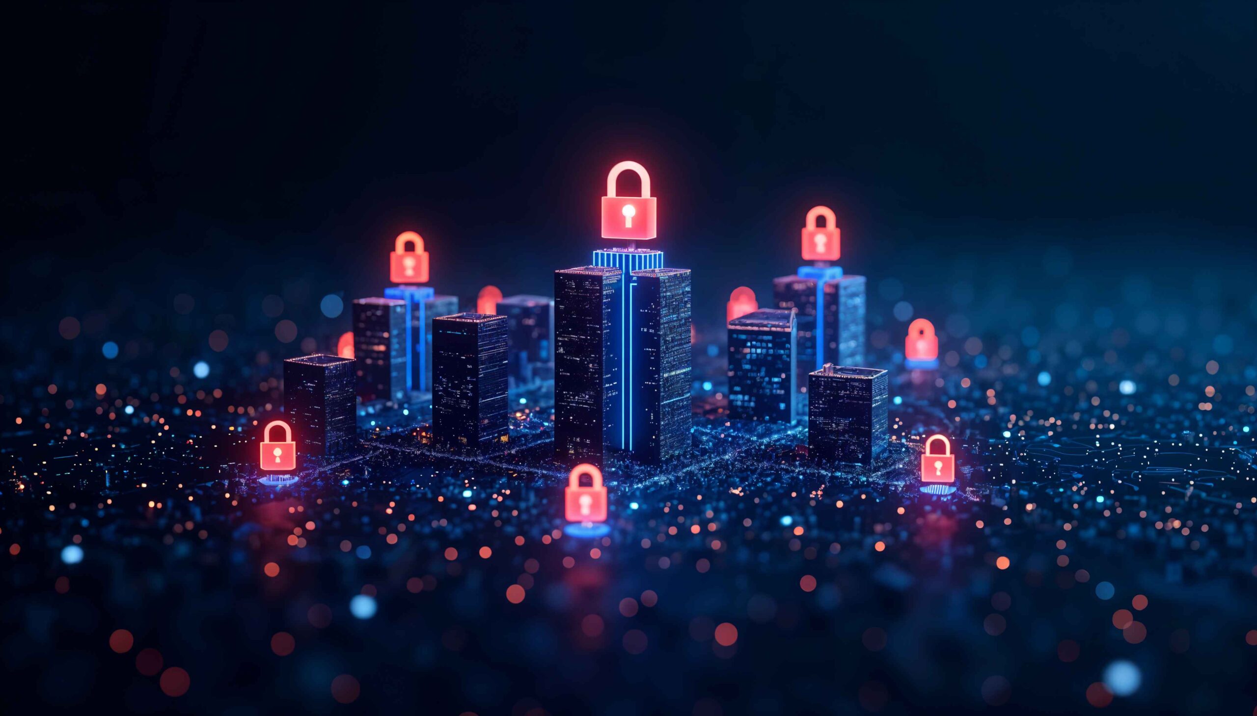 A city skyline with a large padlock overlay, symbolizing security or restriction