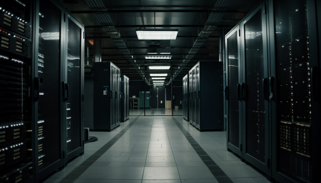 A dimly lit data center hallway with rows of server racks on either side, glowing LEDs, and a distant door, conveying a high-tech, secure atmosphere.