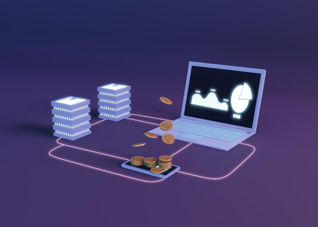 Futuristic scene with glowing laptop displaying graphs, connected to two data servers. Coins float toward the laptop, symbolizing digital currency.