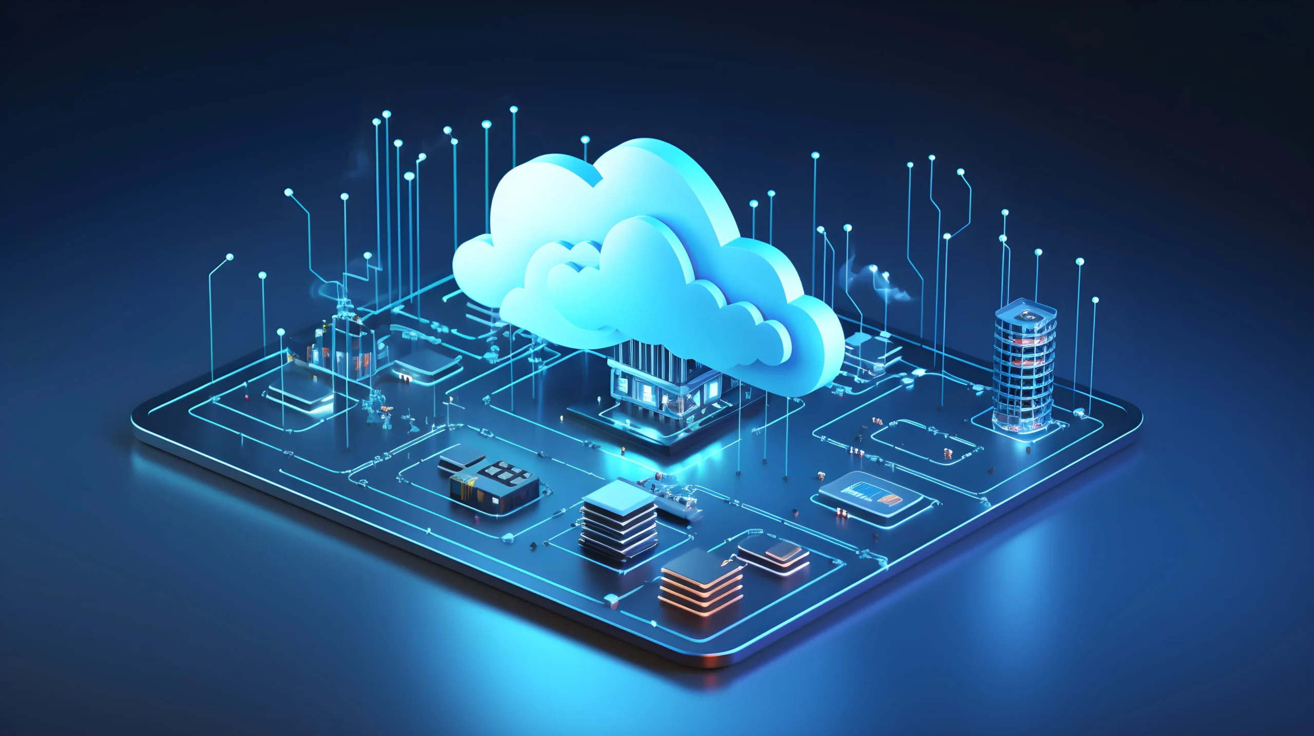 Futuristic digital illustration of a cloud hovering over a circuit board, symbolizing cloud computing. Neon blue lights suggest technology and connectivity. Cloud infrastructure NetsecTechnologies