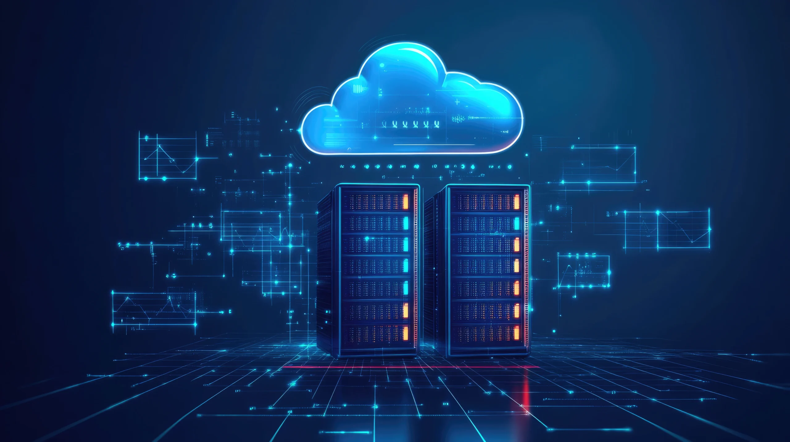 Digital illustration of two server racks under a glowing blue cloud icon, symbolizing cloud computing. The background features a sleek, futuristic grid. Cloud infrastructure NetsecTechnologies