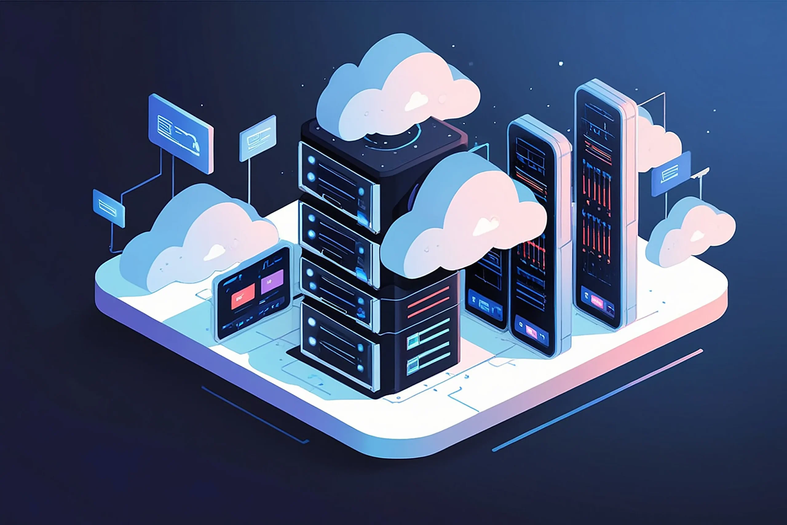 Isometric illustration of cloud computing with servers, data charts, and floating clouds, conveying technology and connectivity in cool tones. Cloud infrastructure NetsecTechnologies