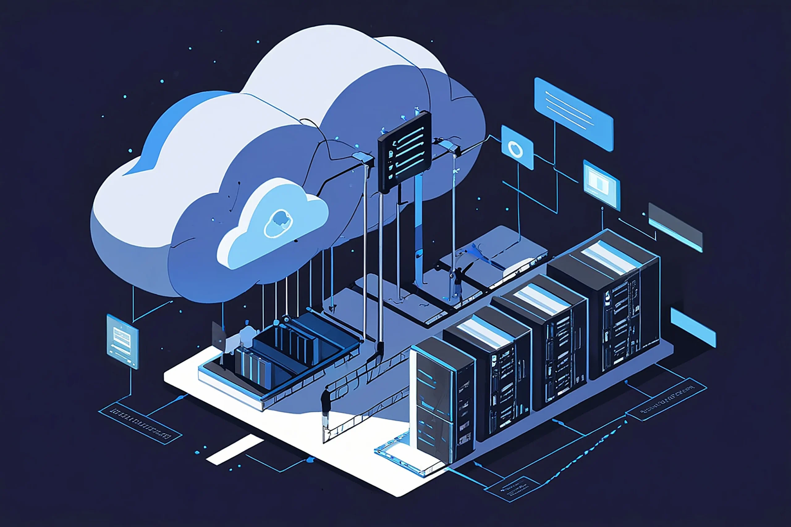 Isometric illustration of cloud computing with data servers connected to a cloud in a digital grid. Vivid blue and black tones convey a high-tech feel. Cloud infrastructure NetsecTechnologies