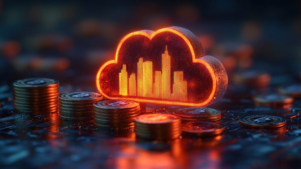 Glowing orange cloud with a city skyline inside, surrounded by stacks of coins with Bitcoin symbols, on a dark digital background, conveying tech and finance themes.