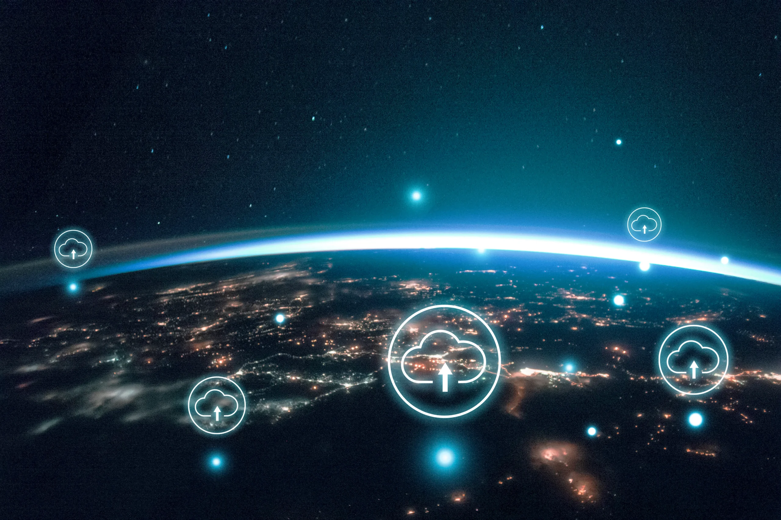 A glowing view of Earth from space at night, dotted with cities' lights. Digital cloud upload icons float above, suggesting global connectivity. Cloud infrastructure NetsecTechnologies