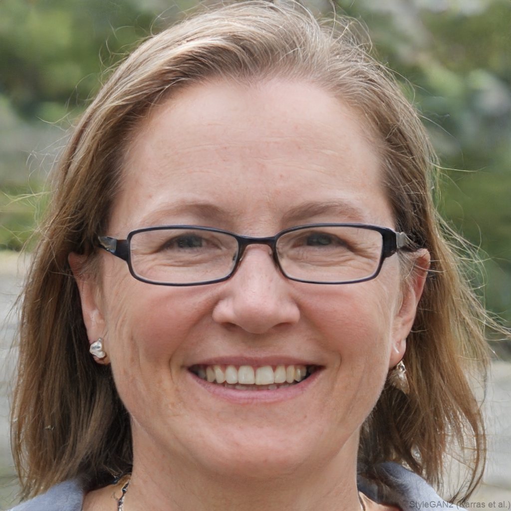Smiling woman with glasses and light brown hair, wearing earrings, outdoors with a blurred green background. Radiates warmth and friendliness.