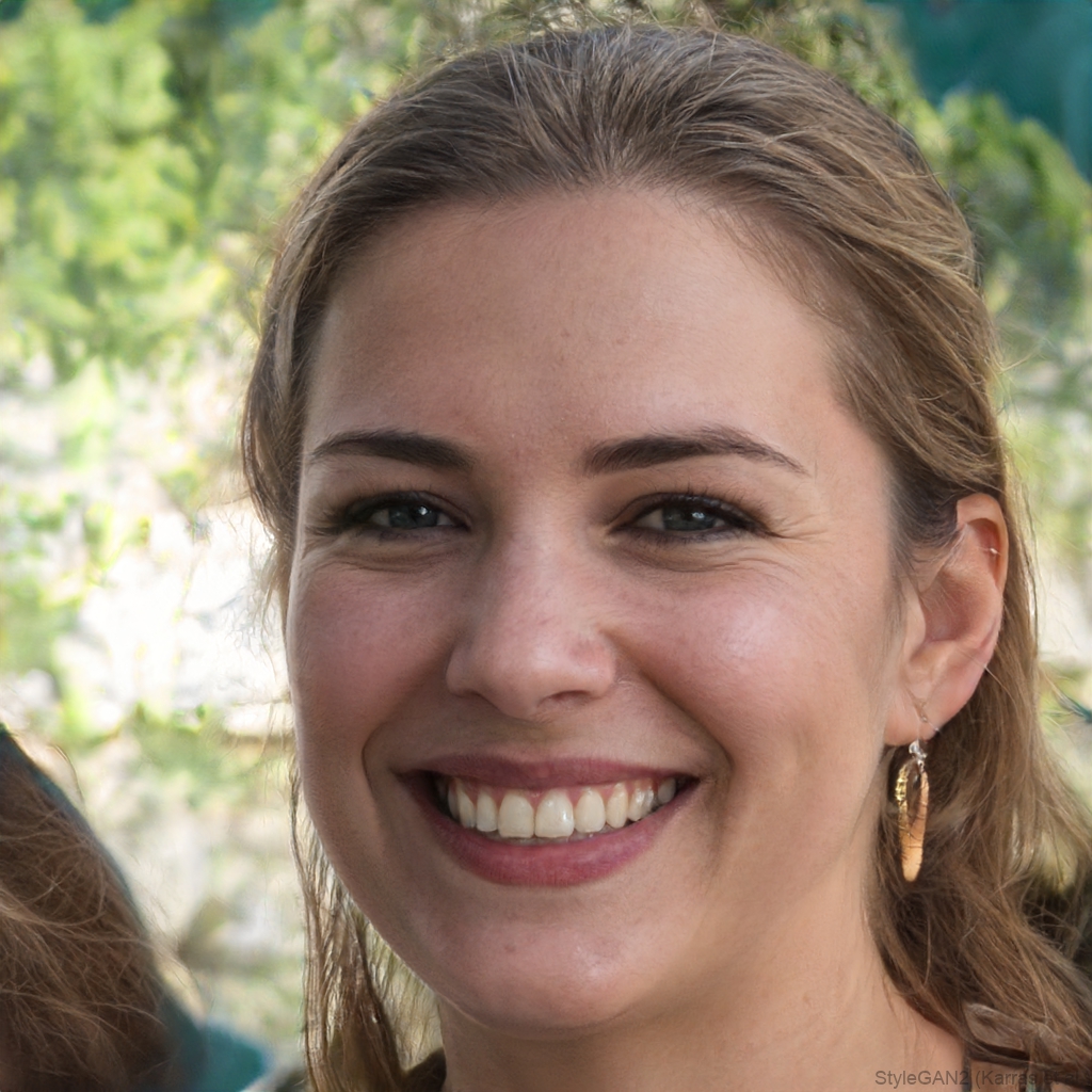 Smiling woman with light brown hair and gold hoop earrings against a blurred green foliage background, conveying warmth and friendliness.