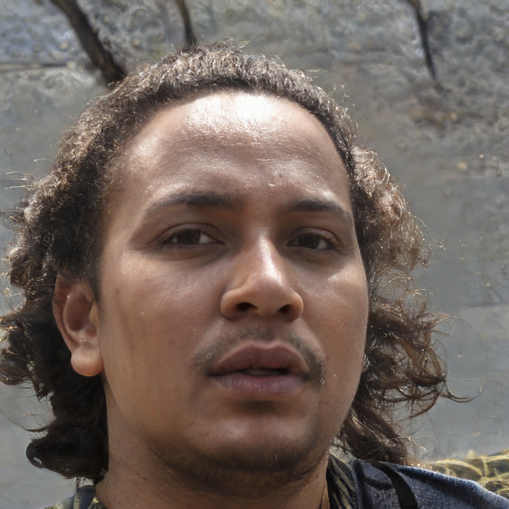 A person with curly hair looks directly at the camera against a textured gray background. Their expression is neutral, conveying a calm, contemplative mood.
