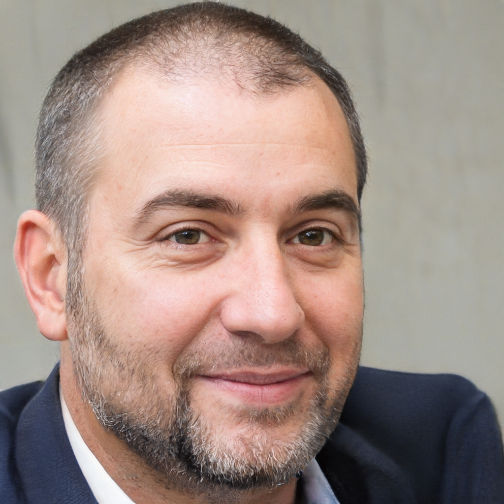 A man with short hair and a beard smiles warmly at the camera. He wears a dark suit jacket and a light-colored shirt. The background is plain and blurred.