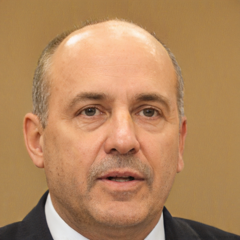 A middle-aged man with short hair is wearing a dark suit and white shirt. He looks attentive and serious, set against a plain beige background.