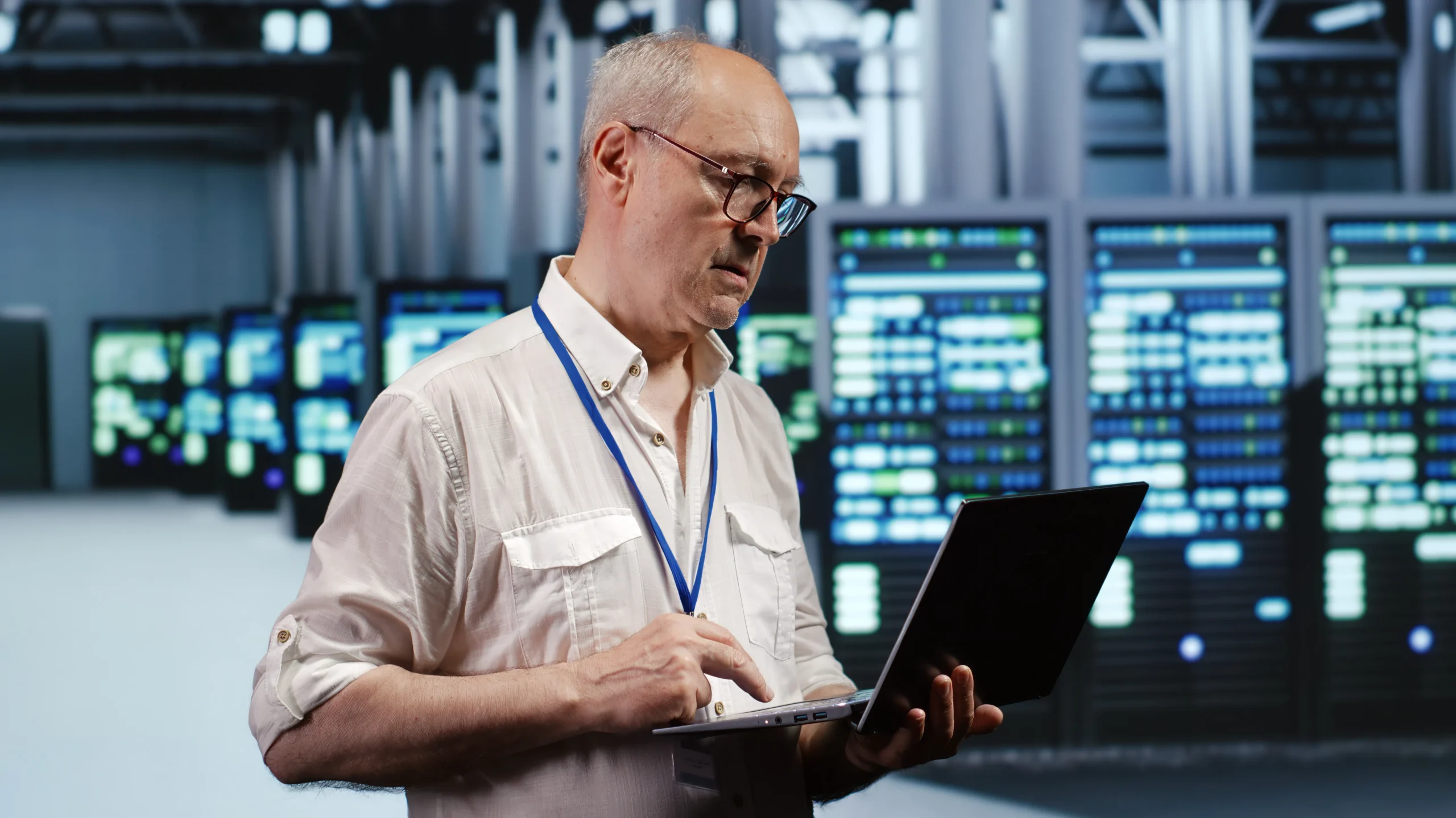A man stands in a server room, focused on his laptop. He wears glasses and a lanyard. Behind him, rows of server racks with glowing lights convey a technical setting. Cloud infrastructure NetsecTechnologies