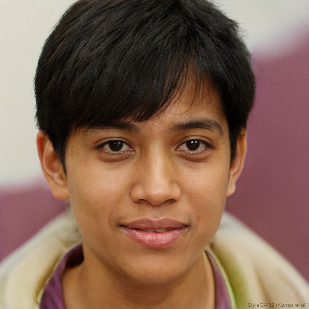A young person with short dark hair smiles gently, looking at the camera. The background is soft, with muted purple and white tones, creating a calm atmosphere.