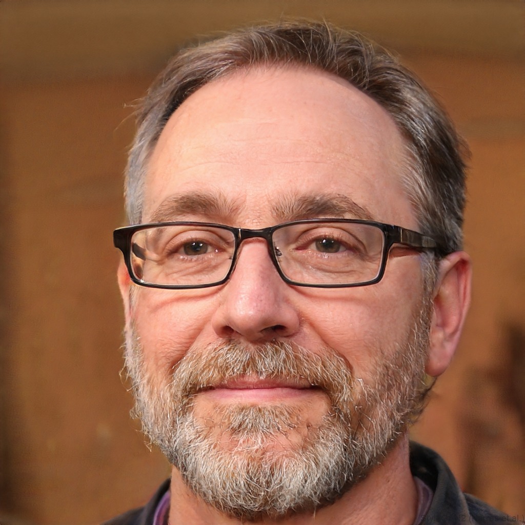 A middle-aged man with glasses and a gray beard smiles gently. The background is a soft blurred brown, creating a warm and approachable tone.
