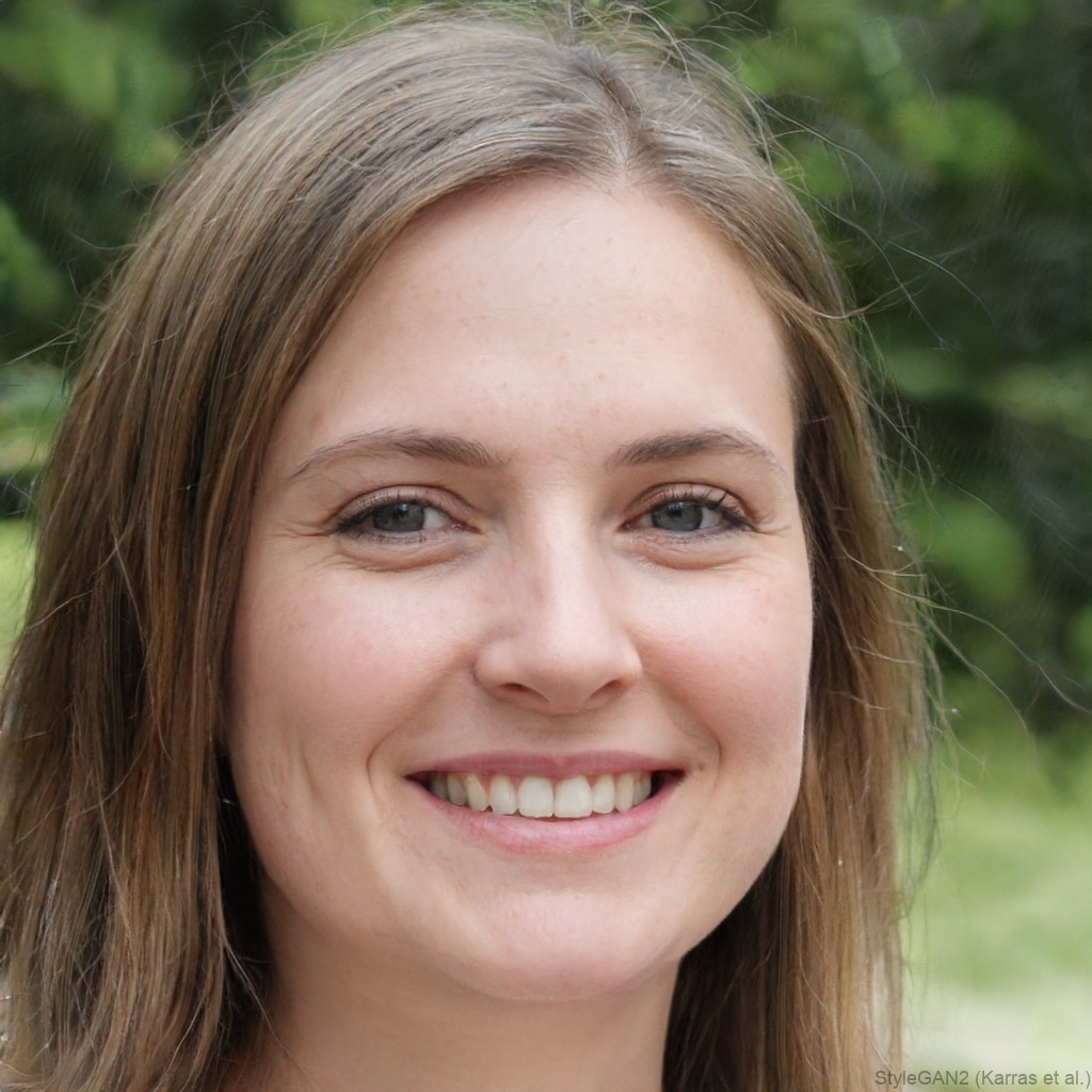 Smiling woman with brown hair and blue eyes, outdoors with a blurred green background. Her expression conveys friendliness and warmth.