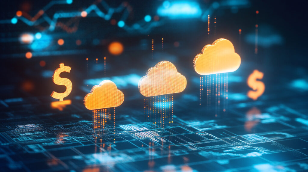 Futuristic digital landscape with glowing orange dollar symbols and clouds, symbolizing financial growth and cloud computing over a blue tech background.