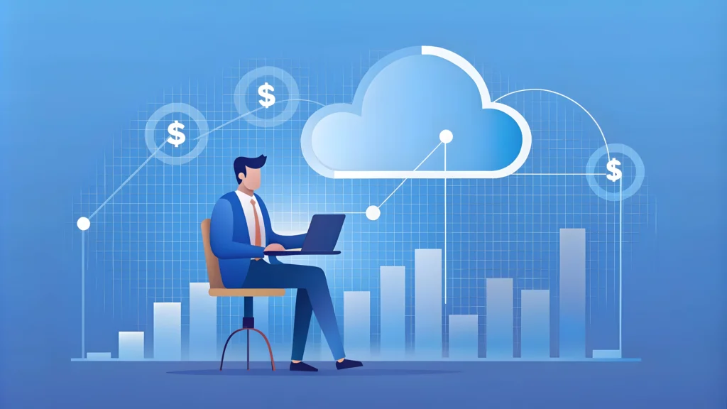 Illustration of a man in a suit using a laptop with cloud computing and bar graphs in the background. Dollar symbols suggest financial analytics.-NetsecTechnologies, Cloud Cost Optimization