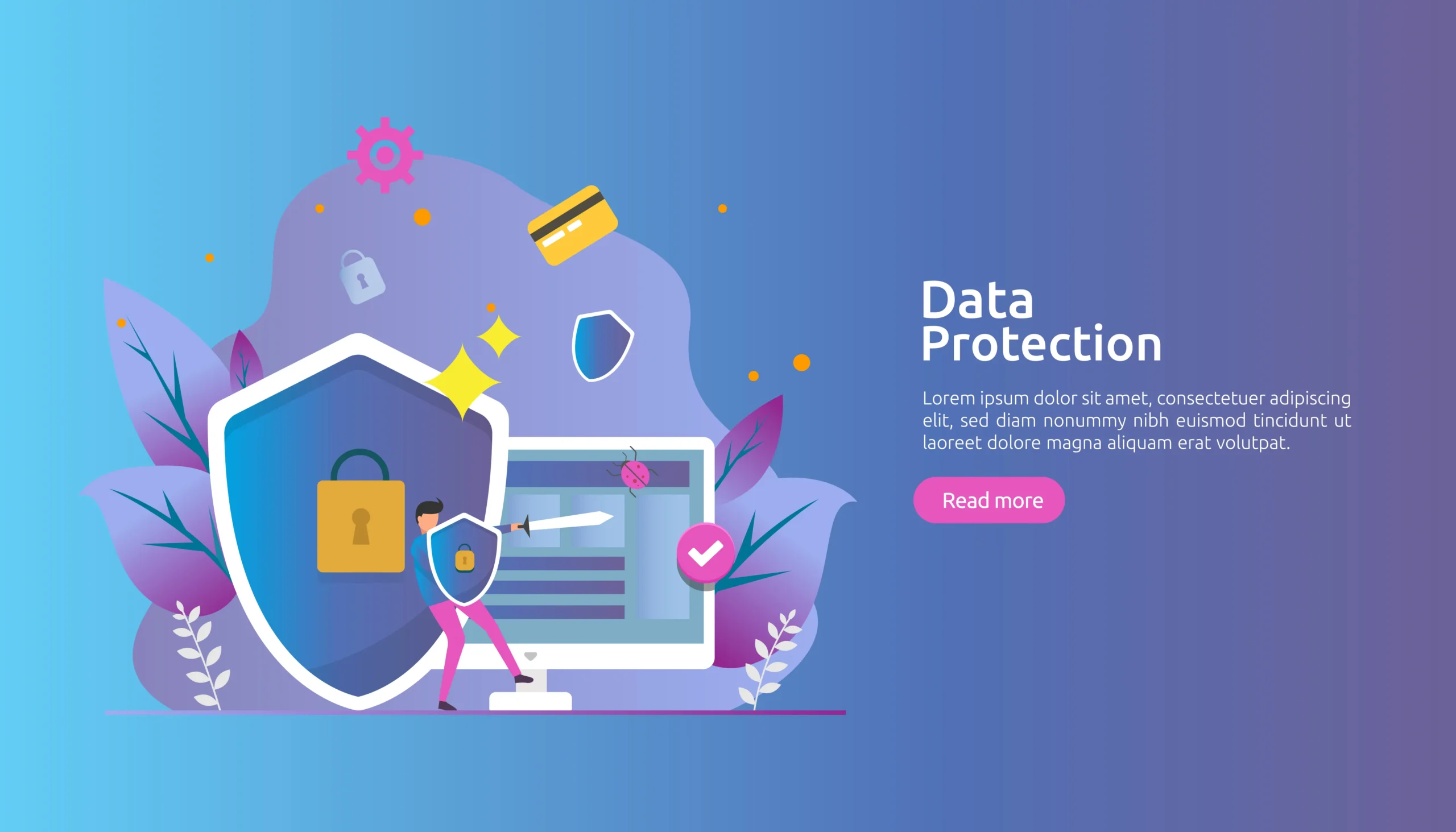 Illustration of a person with a shield beside a computer and padlock symbolizing data protection. Includes a "Read more" button and abstract security icons.Data protection services, netsectechnologies