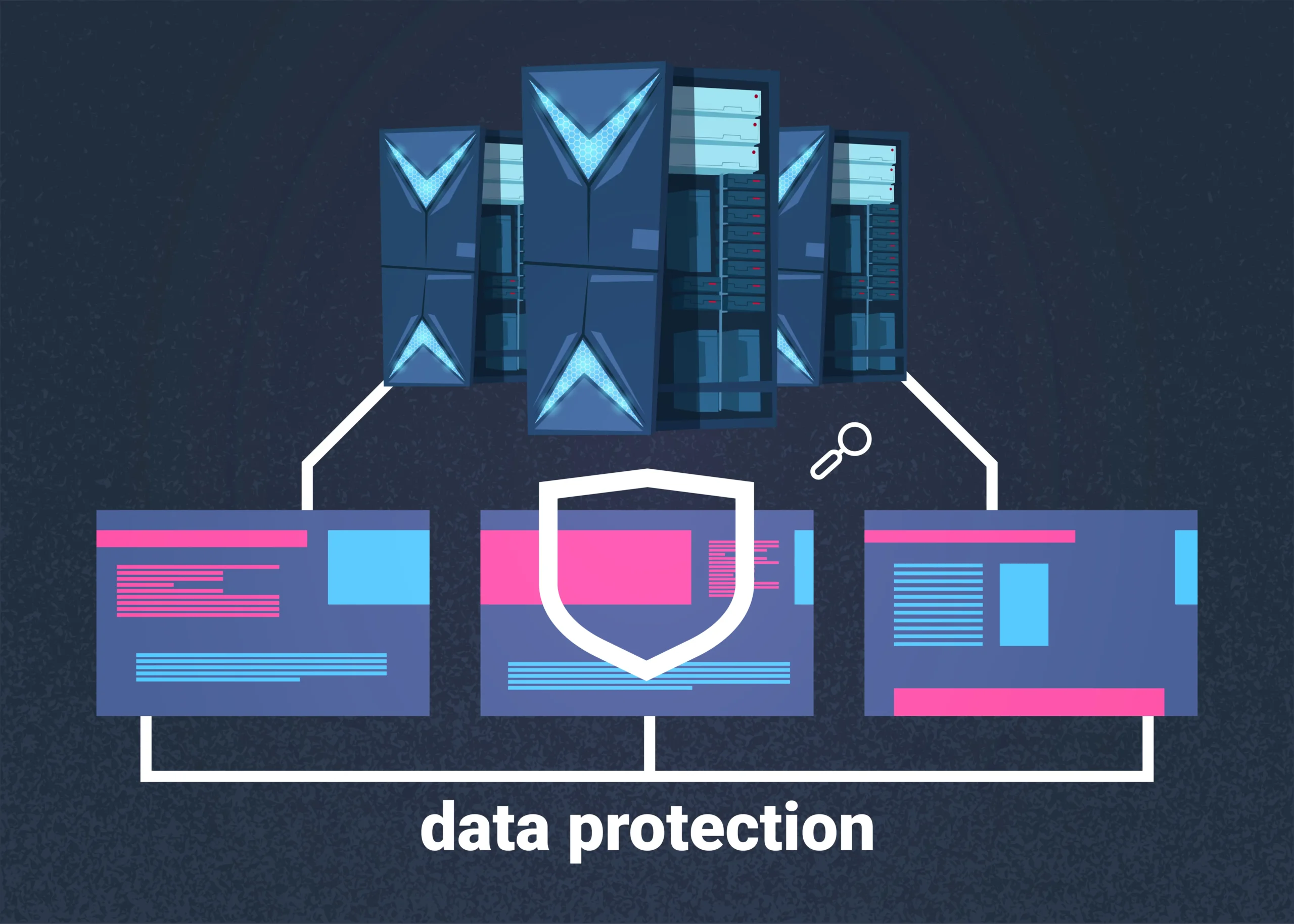 Illustration of server towers connected to digital files, surrounded by a shield icon with a key, symbolizing data protection. Tone is secure and technological.Data protection services, netsectechnologies