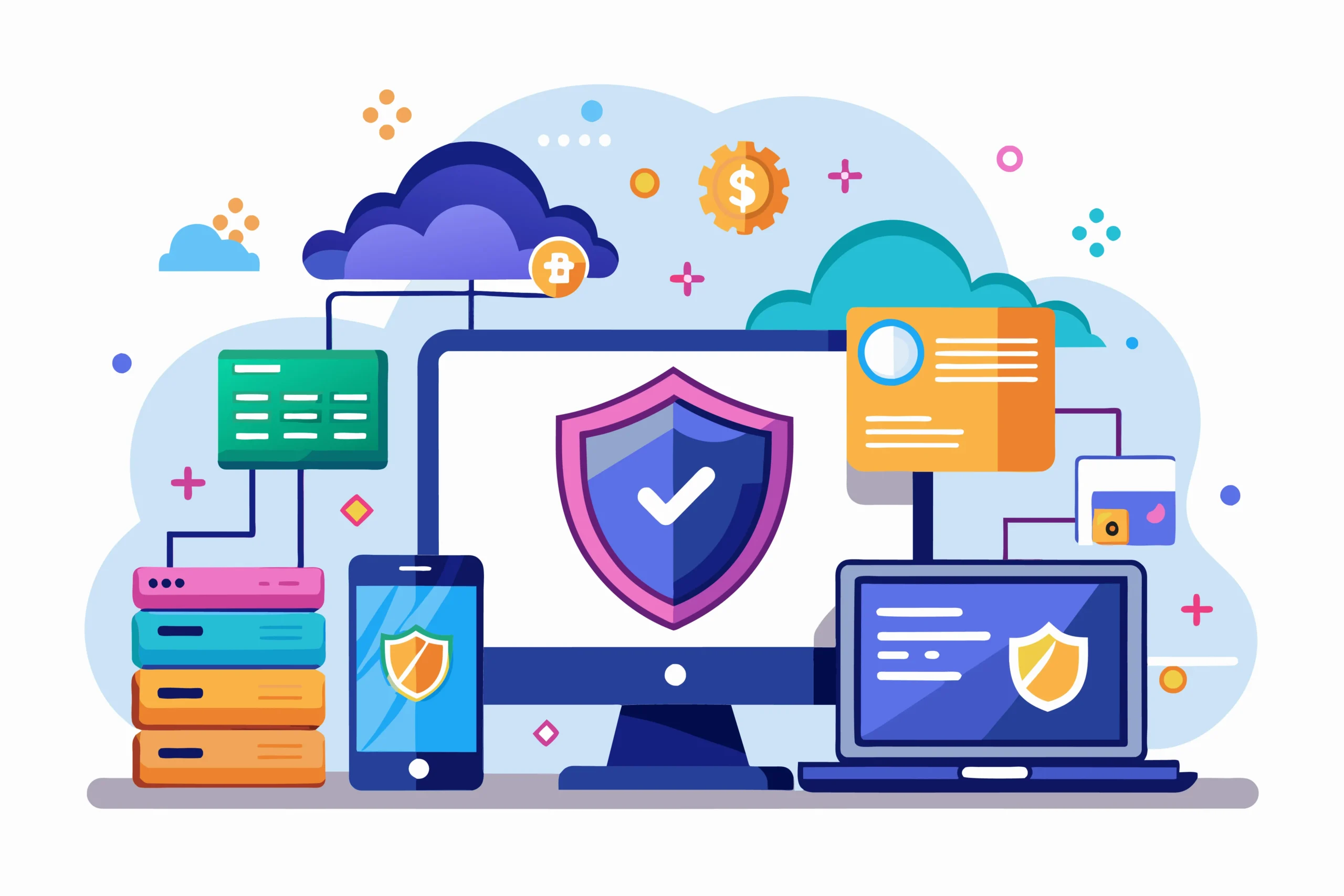 Illustration of cybersecurity with a shield on a monitor, laptop, and smartphone. Includes cloud, servers, and data icons, conveying protection and technology.Data protection services, netsectechnologies