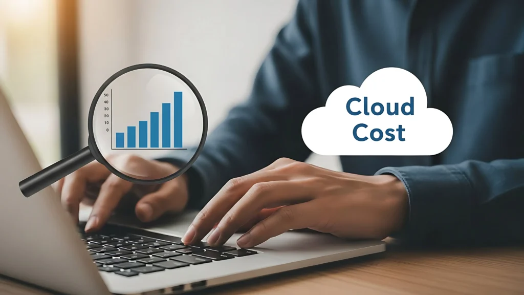 A person typing on a laptop is shown. A magnifying glass highlights a rising bar graph, while a cloud labeled "Cloud Cost" suggests financial analytics.-NetsecTechnologies, Cloud Cost Optimization