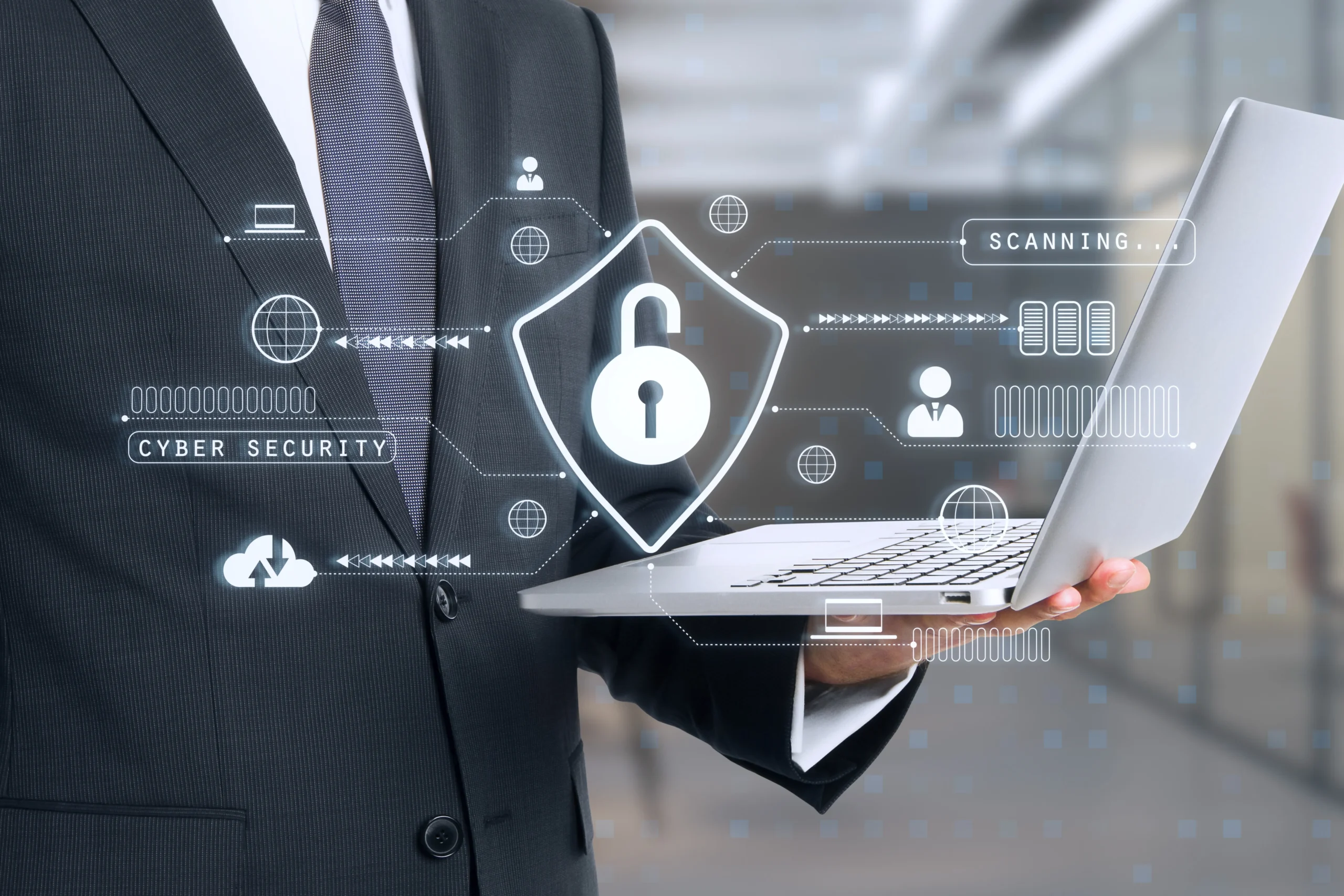 A person in a suit holds a laptop with digital graphics overlay, featuring a lock symbol, "Cyber Security," and network icons, conveying data protection.Data protection services, netsectechnologies