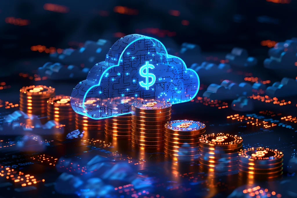 A digital cloud symbol with a dollar sign hovers above glowing orange coin stacks, symbolizing cloud computing and financial growth in a futuristic tone.-NetsecTechnologies, Cloud Cost Optimization
