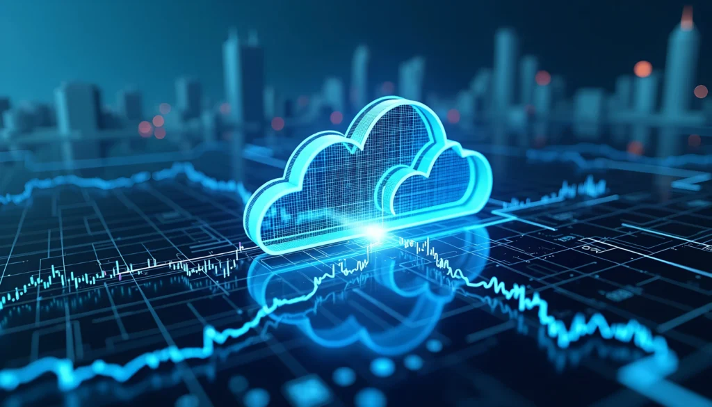 A glowing blue digital cloud icon hovers over a cityscape at night, with data graphs and charts below, symbolizing cloud computing and data analytics.-NetsecTechnologies, Cloud Cost Optimization