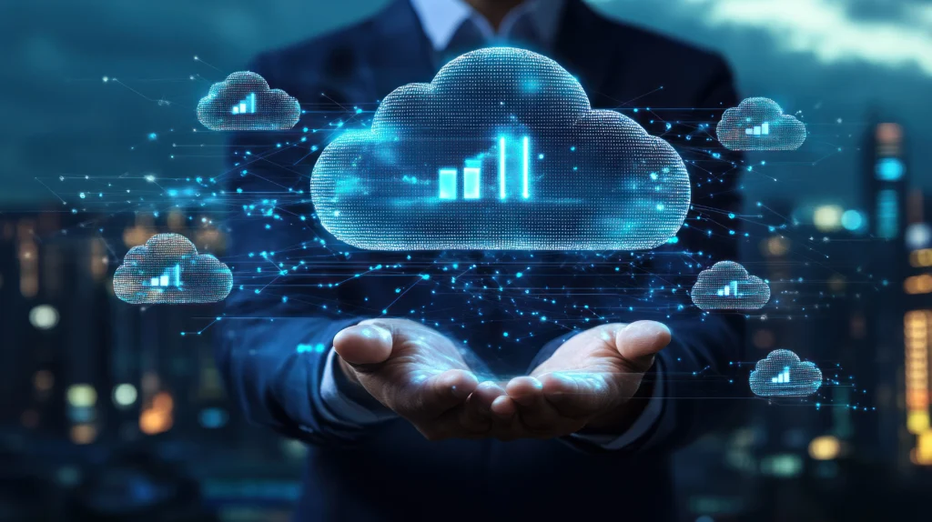 A person in a suit holds a glowing holographic cloud with data charts. Smaller clouds surround it, suggesting digital technology and innovation.-NetsecTechnologies, Cloud Cost Optimization
