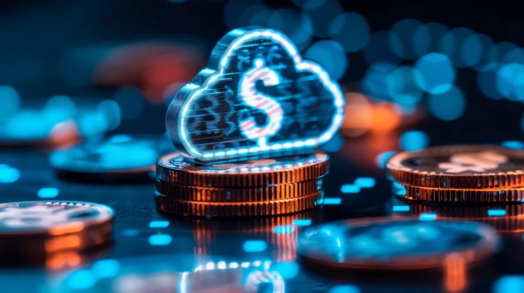 Glowing blue cloud with a dollar sign atop stacked coins against a background of blurred lights, conveying a futuristic and digital finance theme.-NetsecTechnologies, Cloud Cost Optimization