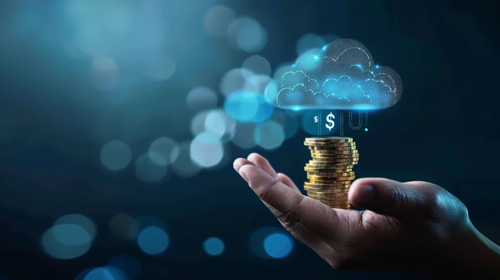 A hand holds stacks of gold coins beneath a digital cloud with a dollar sign, symbolizing cloud computing and financial growth. The background is dark with bokeh lights.-NetsecTechnologies, Cloud Cost Optimization
