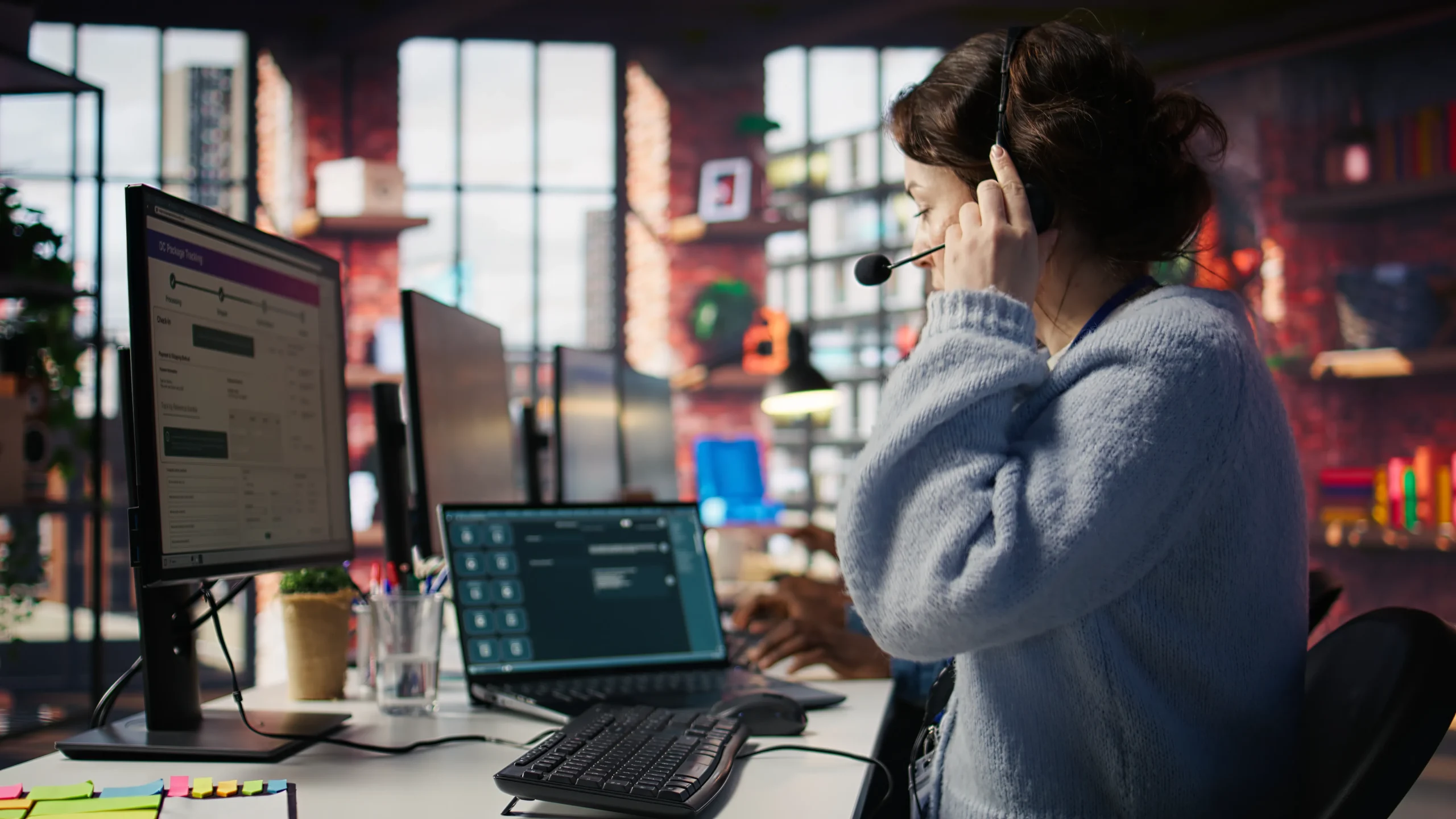 A person in a cozy office, wearing a headset, types on a keyboard. Two monitors display data. Modern, tech-savvy atmosphere, focused and calm 24/7 IT support at netsectechnologies