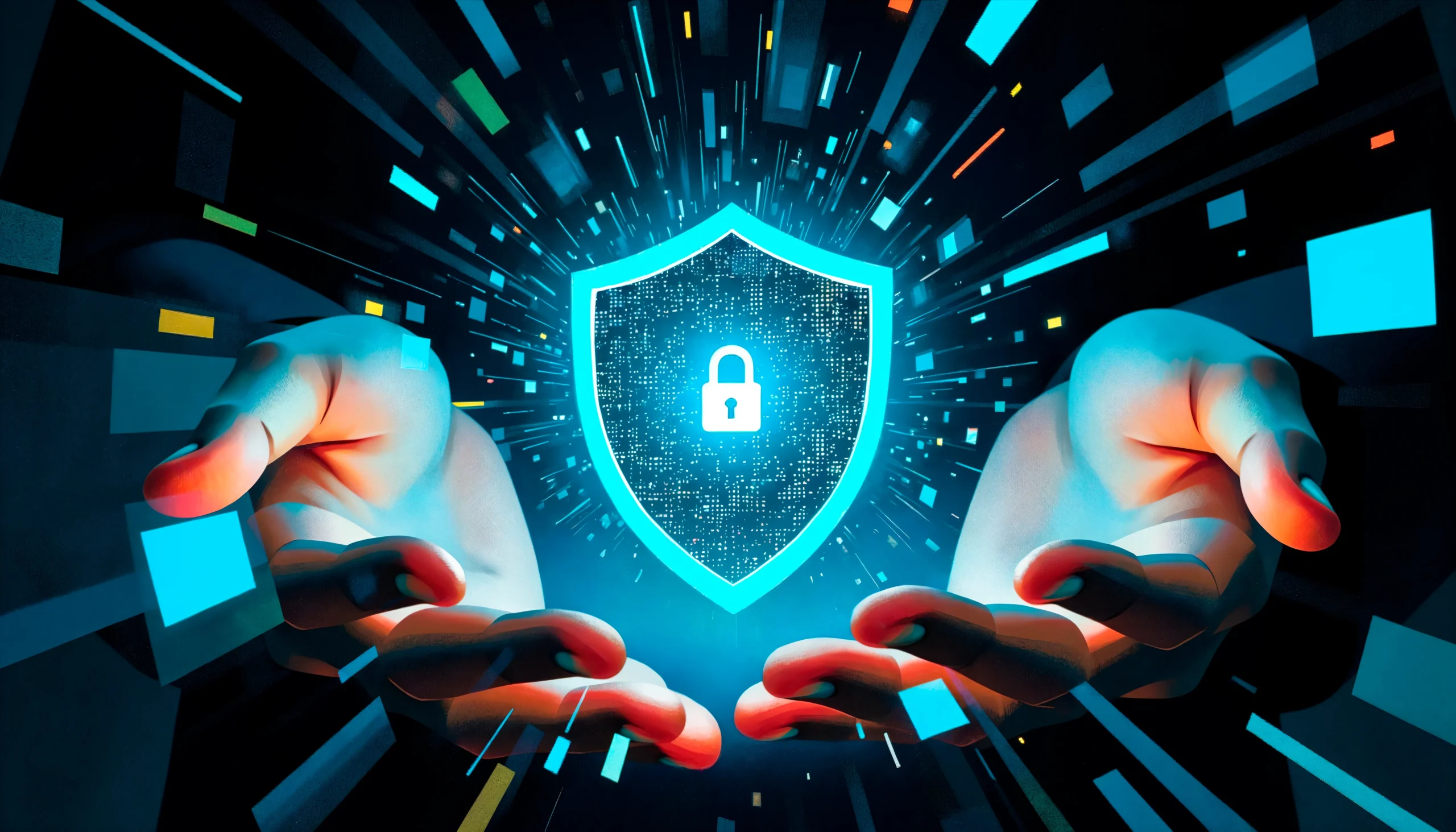 Two hands surround a glowing shield with a lock icon, symbolizing cybersecurity. The background features digital lines and squares, creating a futuristic feel.Cyber protection,netsectechnologies