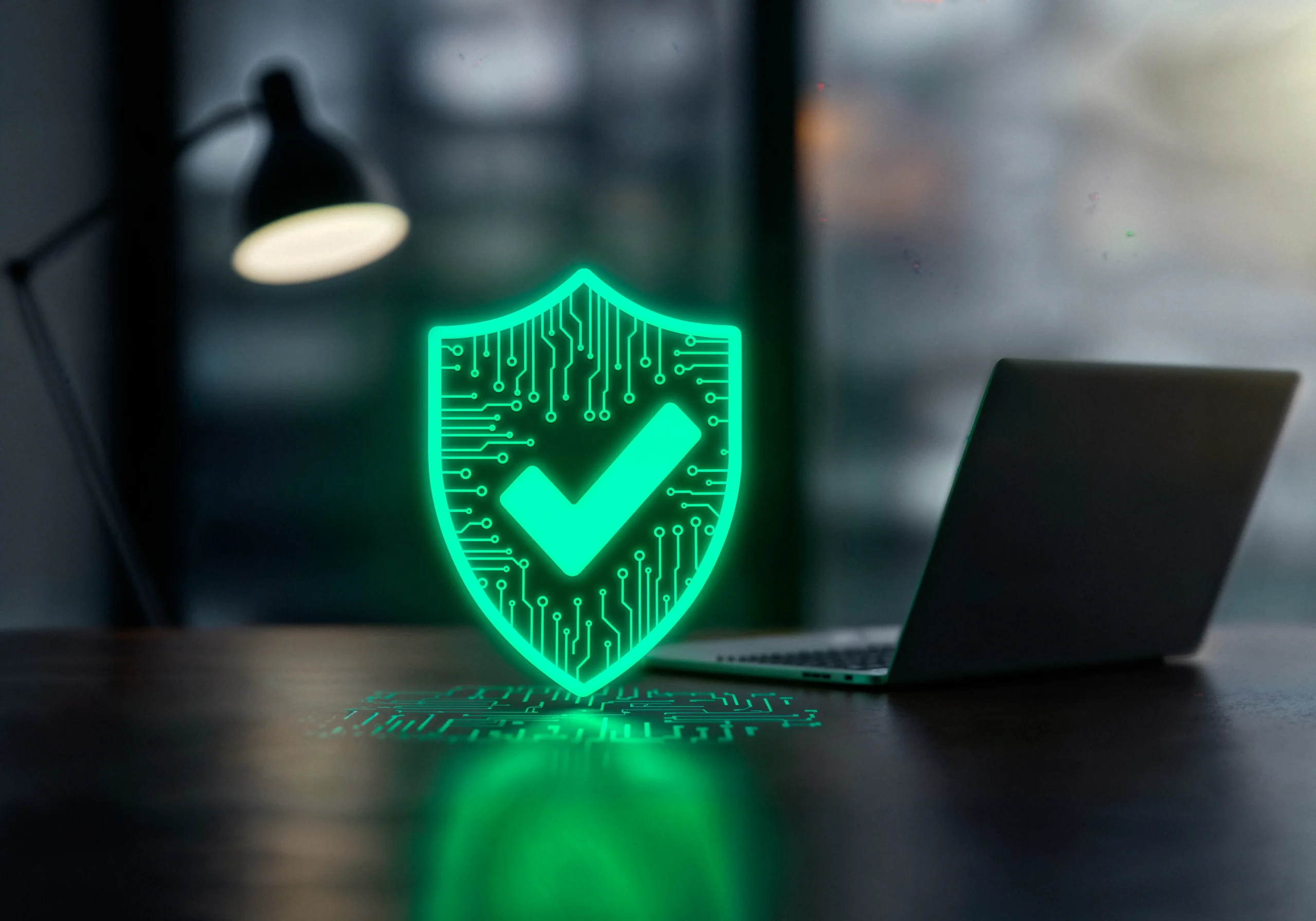 A glowing green shield with a check mark hovers in front of a laptop on a dark desk, symbolizing cybersecurity. A desk lamp softly illuminates the scene.Cyber protection,netsectechnologies