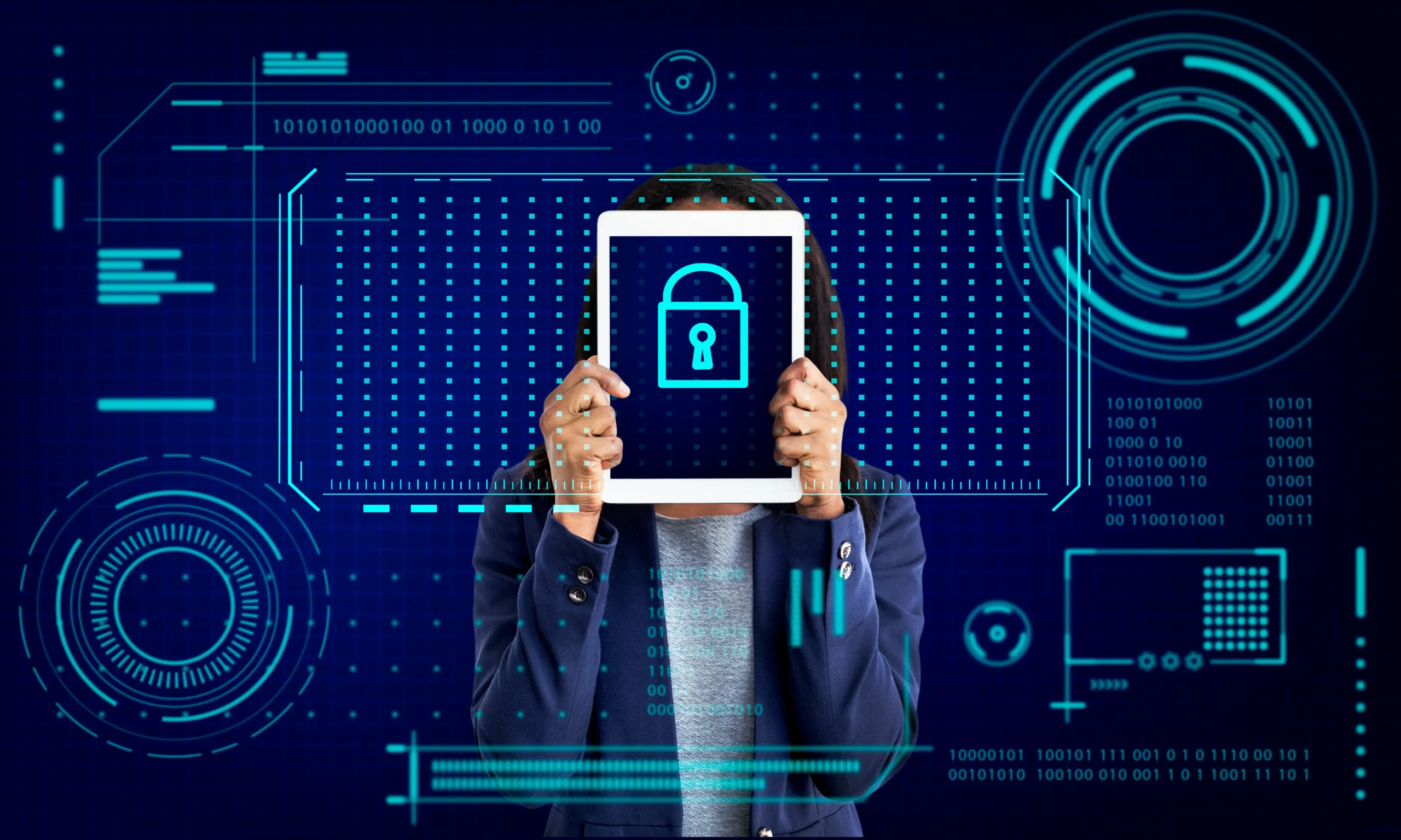 A person holds a tablet displaying a padlock icon, symbolizing security. Digital interface elements surround them, suggesting technology and data protection themes.Cyber protection,netsectechnologies