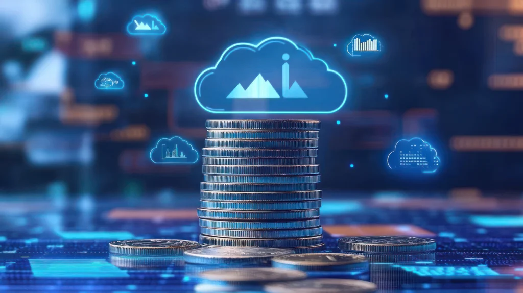 A stack of coins is in the foreground, with blue cloud icons above depicting graphs. The scene conveys financial growth and technology integration.-NetsecTechnologies, Cloud Cost Optimization
