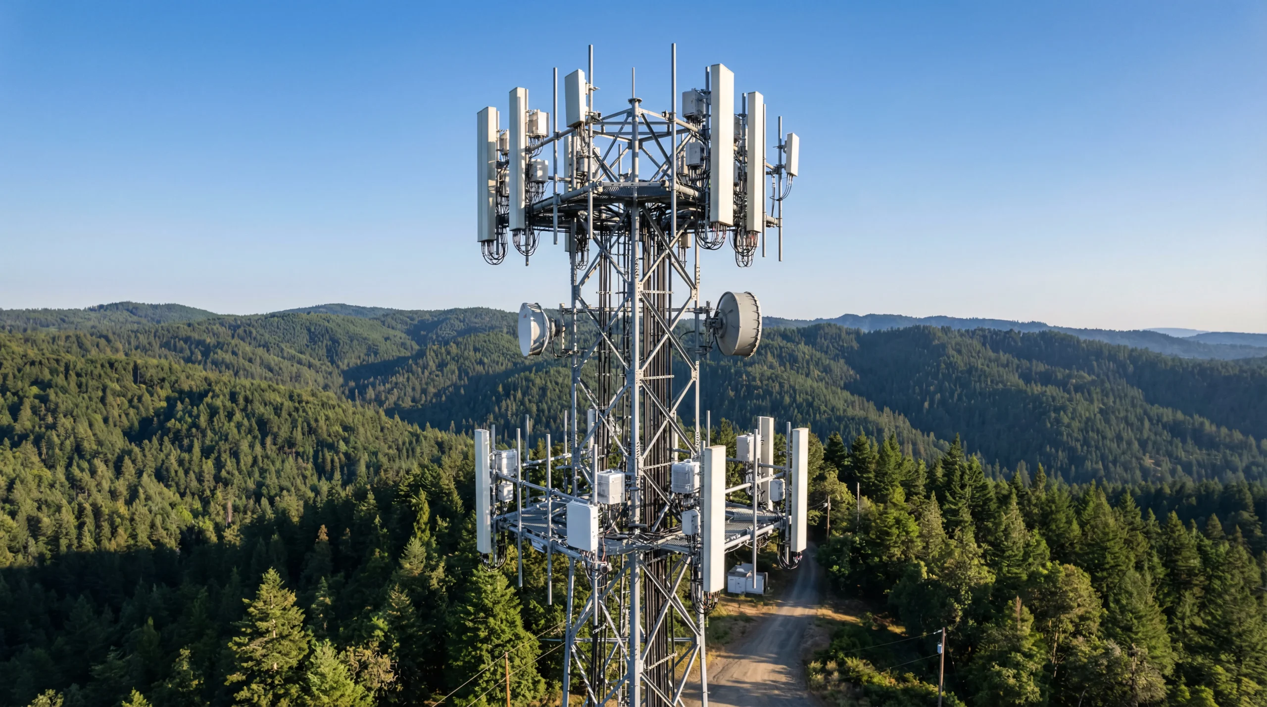 A tall communication tower with numerous antennas stands amidst lush green forests under a clear blue sky. The scene conveys a sense of modernity and nature palo alto support with netsectechnologies