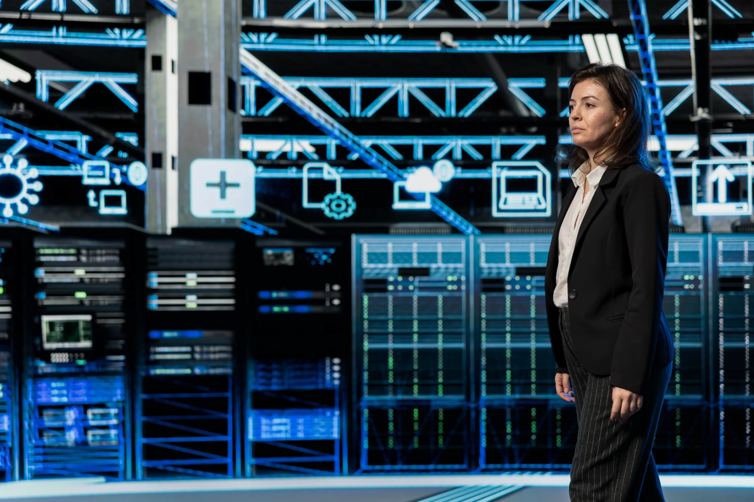A woman in a suit stands confidently in a high-tech server room, surrounded by digital icons and blue neon lights, conveying innovation palo alto support with netsectechnologies