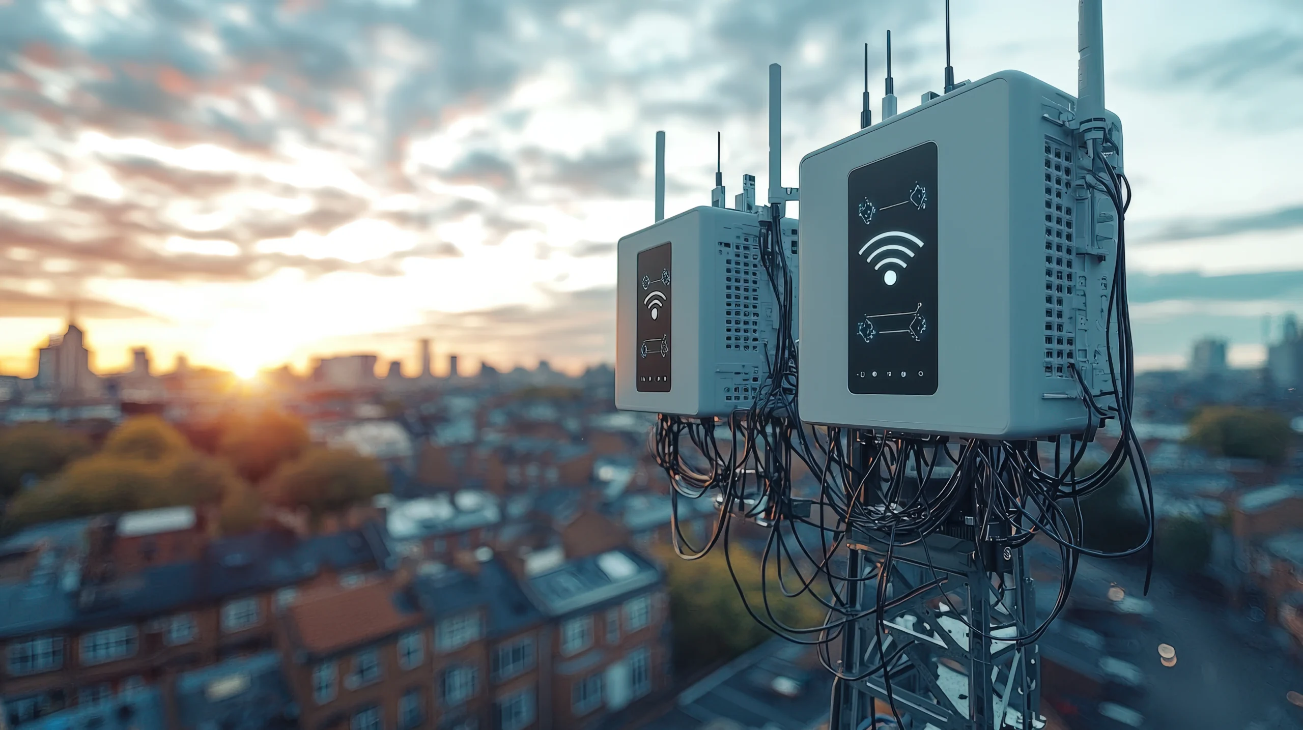 Two wireless network boxes with antennas and cables are mounted on a rooftop above a cityscape, against a sunset sky. The scene conveys connectivity palo alto support with netsectechnologies